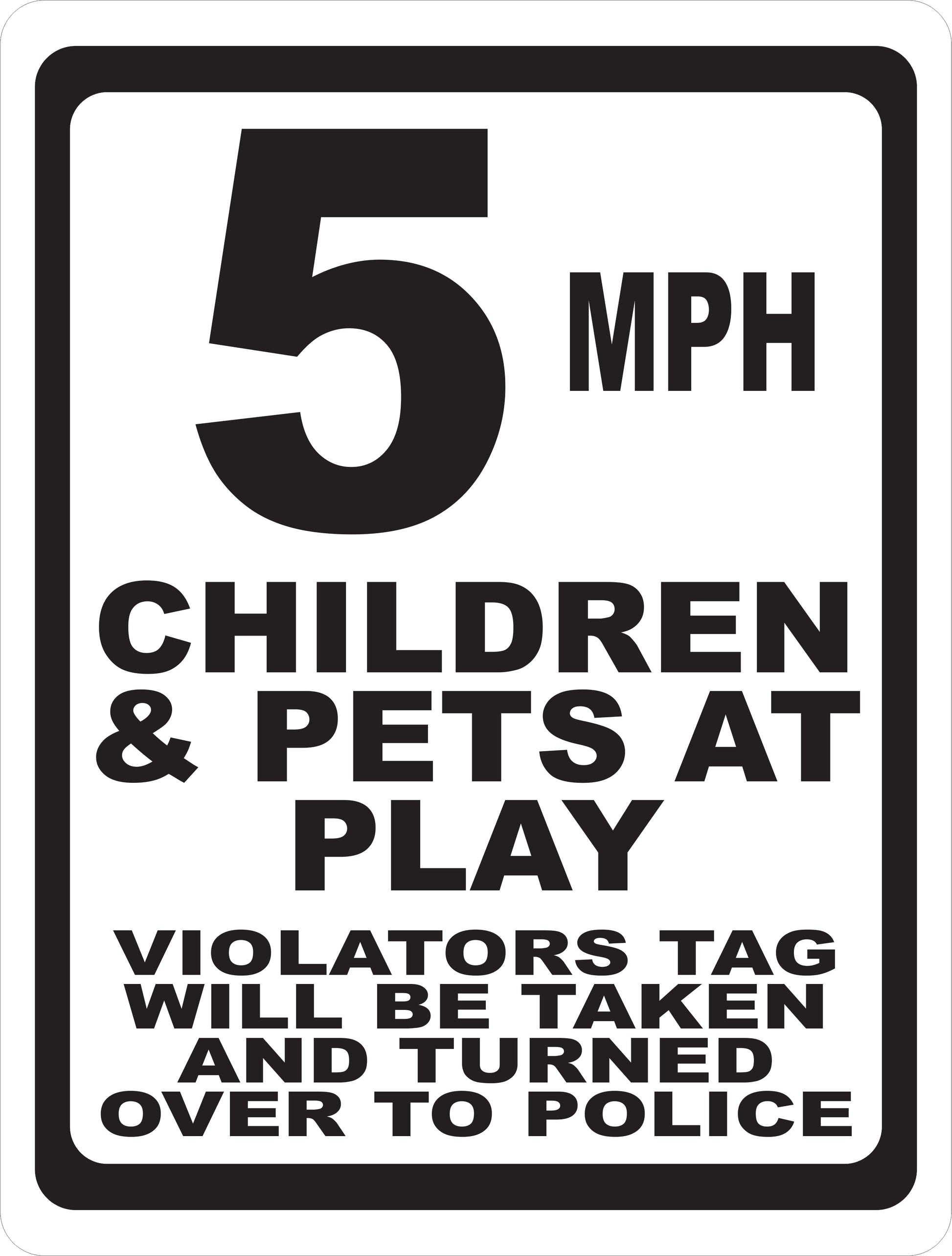(Speed Choice) MPH Children & Pets at Play. Violators will be reported Sign