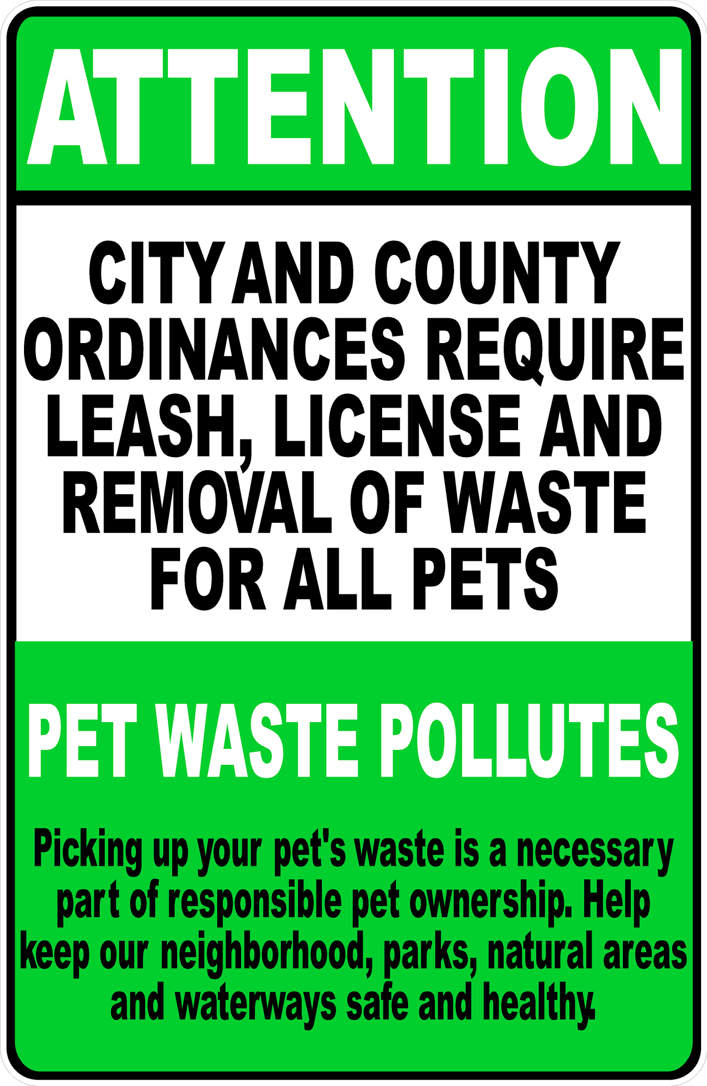 Attention City & County Ordinances Require Leash & Waste Pick Up For Pets Sign