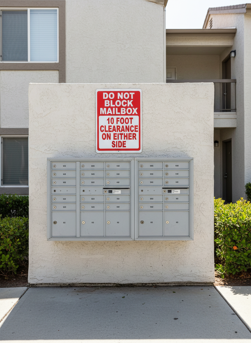 Mailbox area with a 'Do Not Block Mailbox' sign on an apartment building.