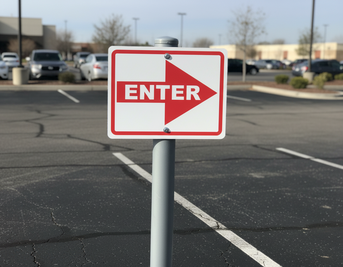 Red and white 'Enter' sign in a parking lot with cars and buildings in the background.