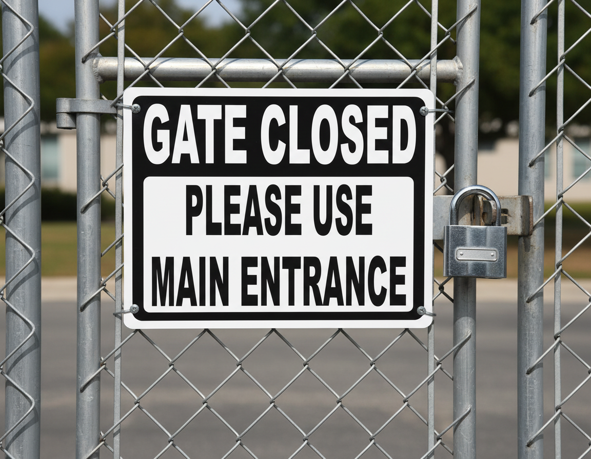 Gate Closed Sign Use Main Entrance
