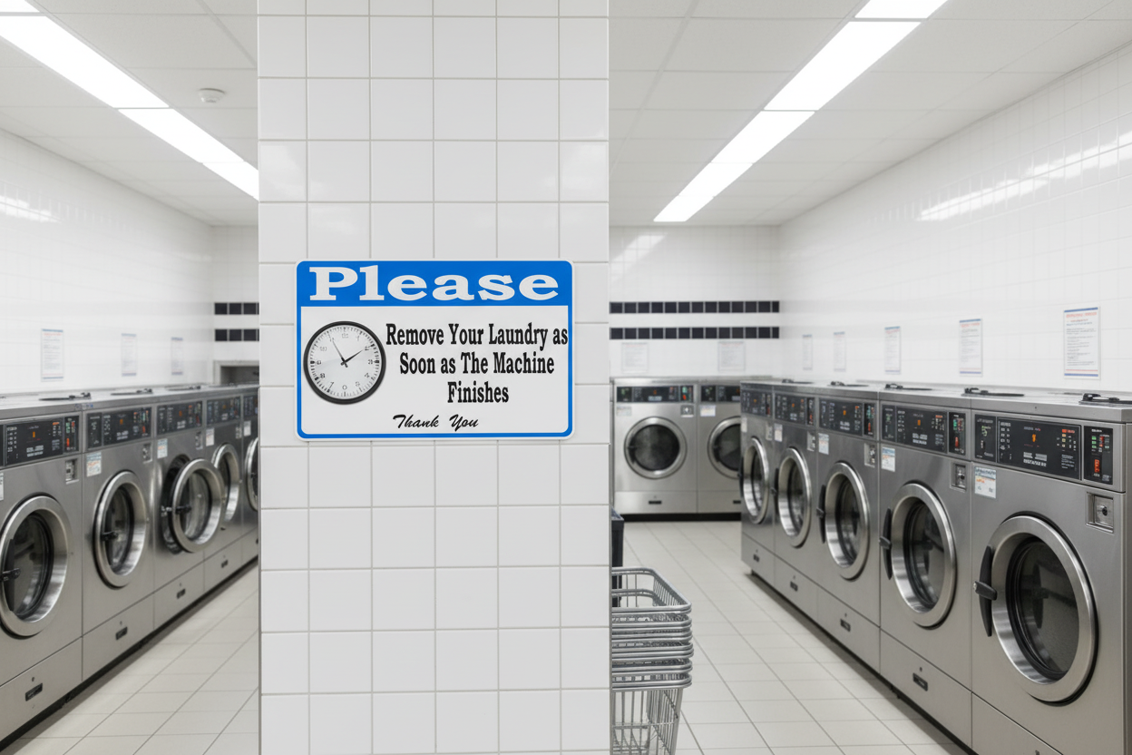 Laundry room with washing machines and a sign requesting customers to remove their laundry.