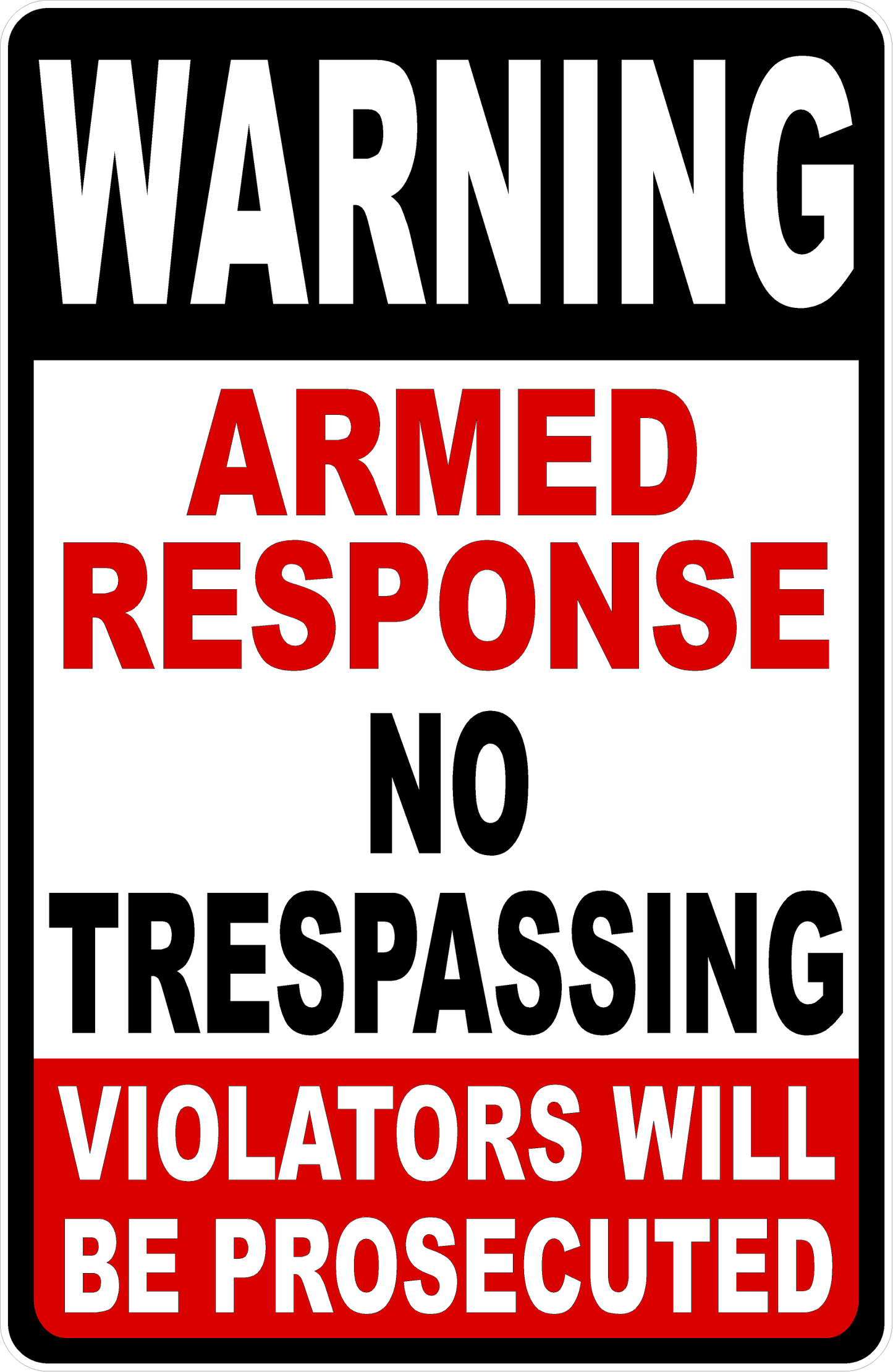 Warning Armed Response No Trespassing Violators Will Be Prosecuted Sign