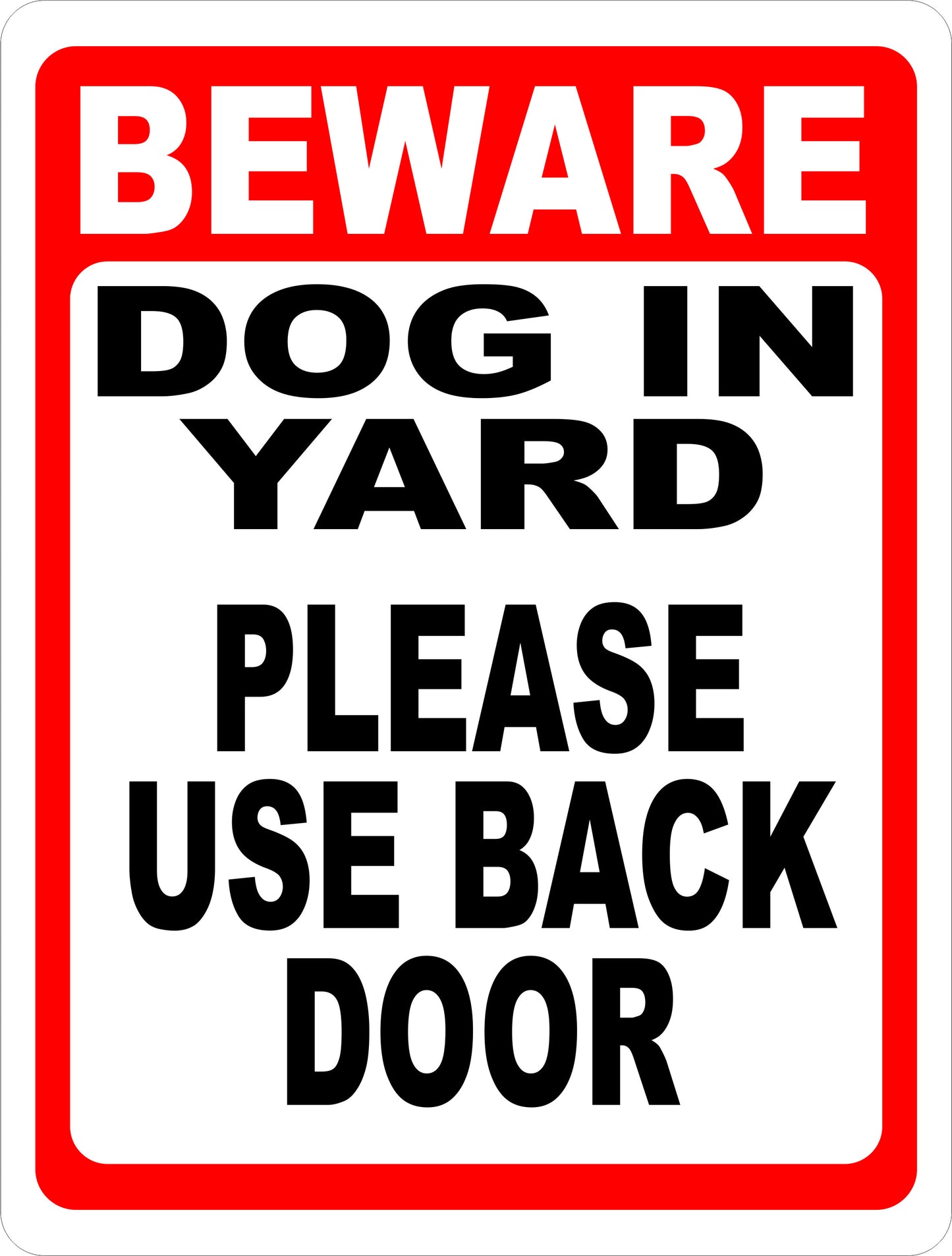 Dog in Yard Please Use Back Door Sign