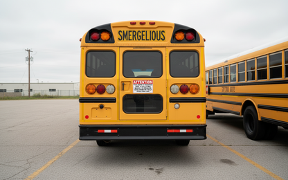 Yellow school bus with 'Smergelious' on the back, parked in a lot.