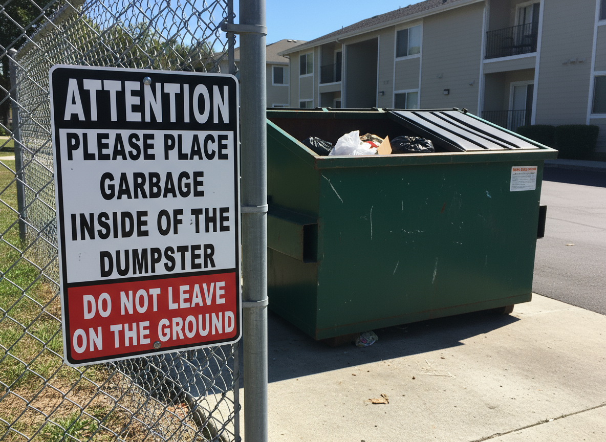 Attention Please Place Garbage Inside of Dumpster Sign