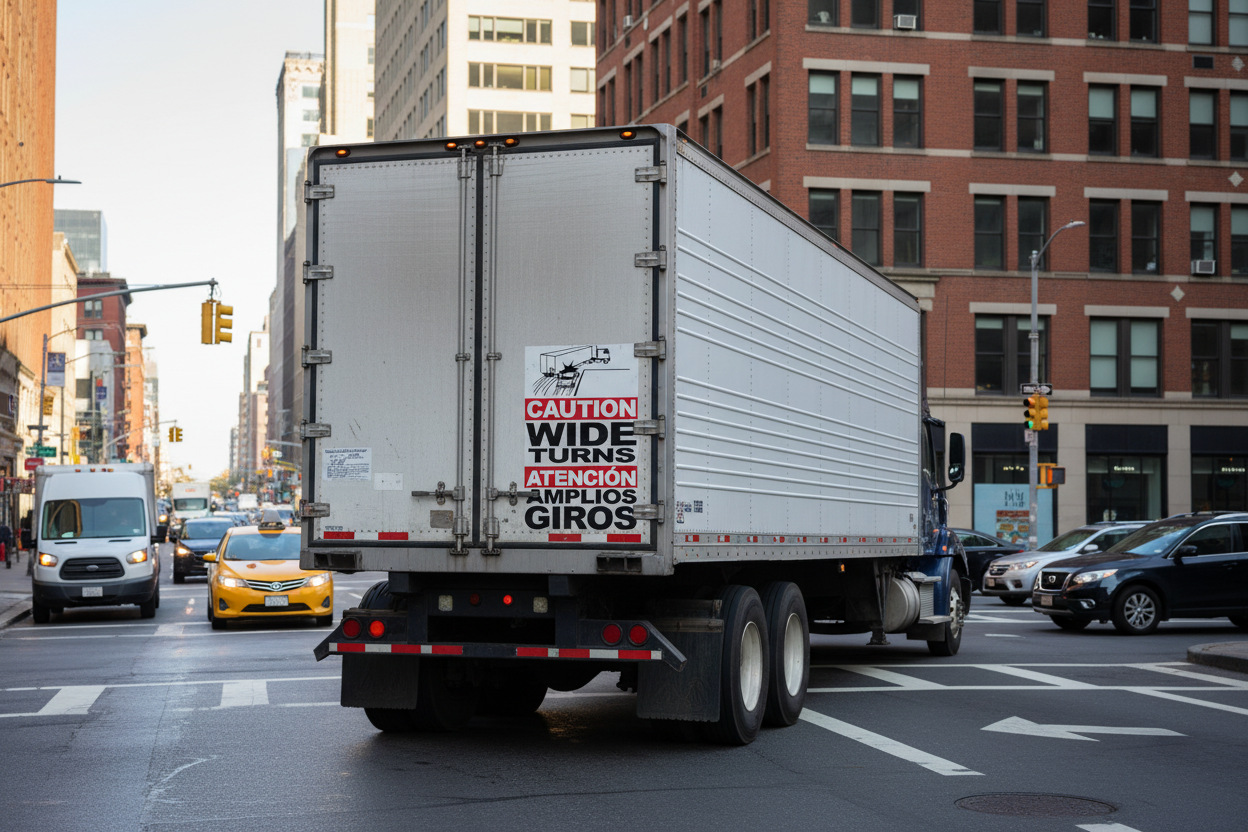 Bilingual Caution Wide Turns Decal Sala Graphics