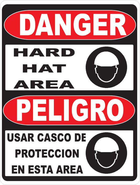 Danger Bilingual Hard Hat Area Sign. Peligro Usar Casco de Proteccion en Esta Area Signo