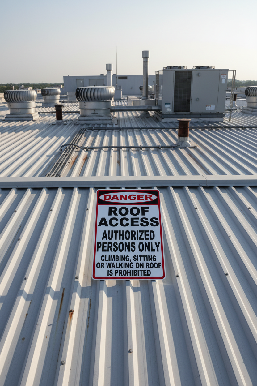 Roof access sign on a metal roof with HVAC units in the background