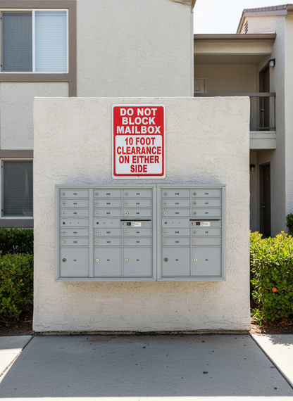 Mailbox area with a 'Do Not Block Mailbox' sign on an apartment building.