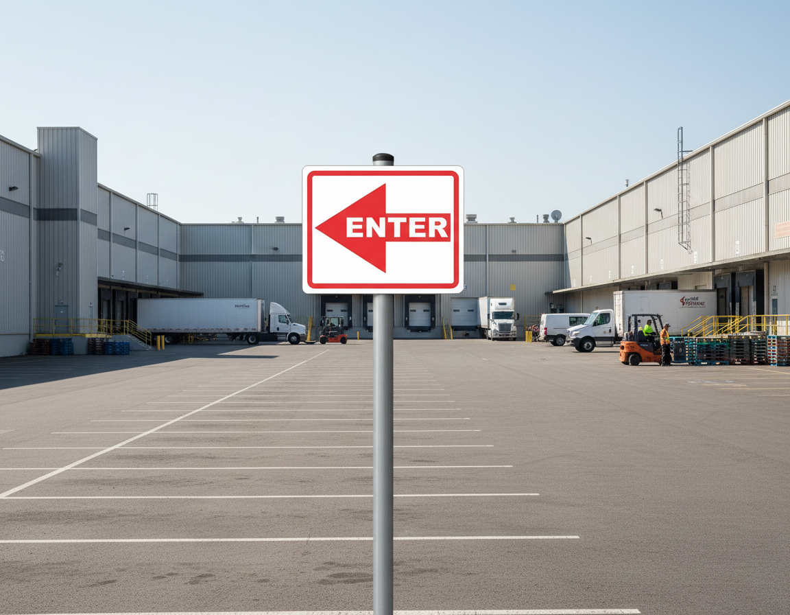 Enter sign in a parking lot with industrial buildings and trucks in the background