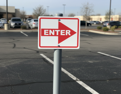 Red and white 'Enter' sign in a parking lot with cars and buildings in the background.