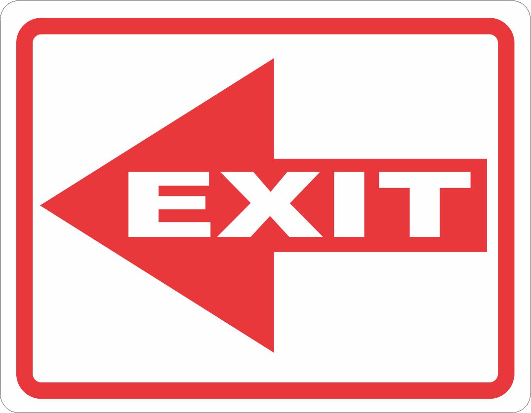 Red exit sign with an arrow on a white background