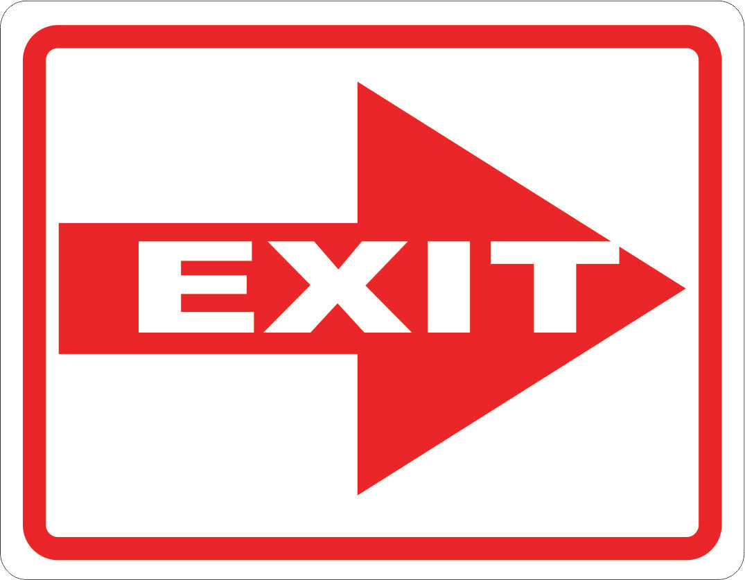Red and white exit sign with arrow on a white background
