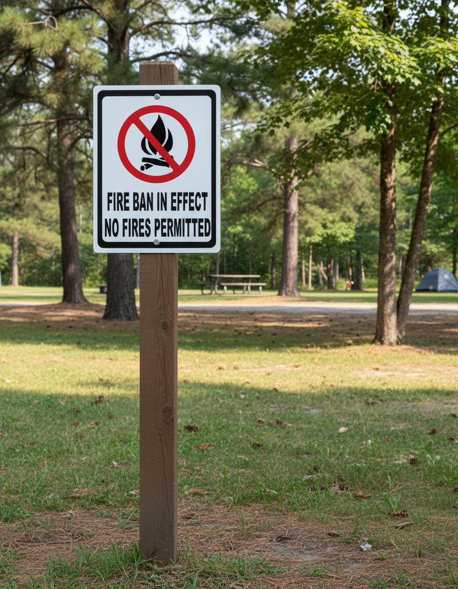 No fires permitted sign in a park with trees and grass in the background