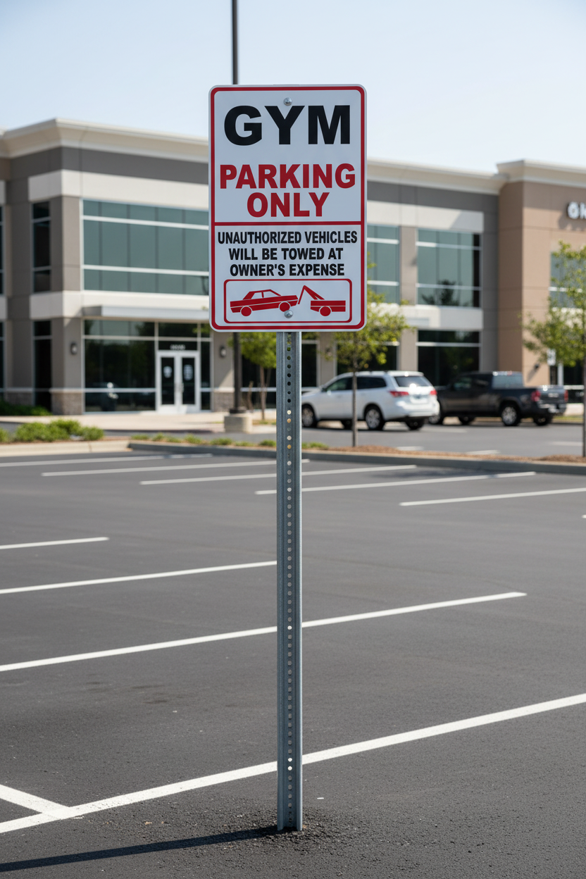 Gym parking only sign in a parking lot with a building in the background