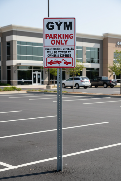 Gym parking only sign in a parking lot with a building in the background