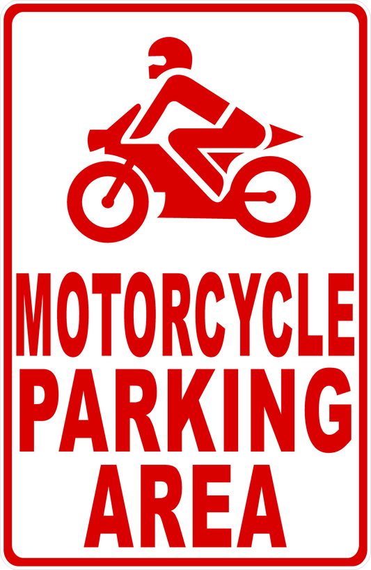 Red motorcycle icon and 'Motorcycle Parking Area' text on a white background