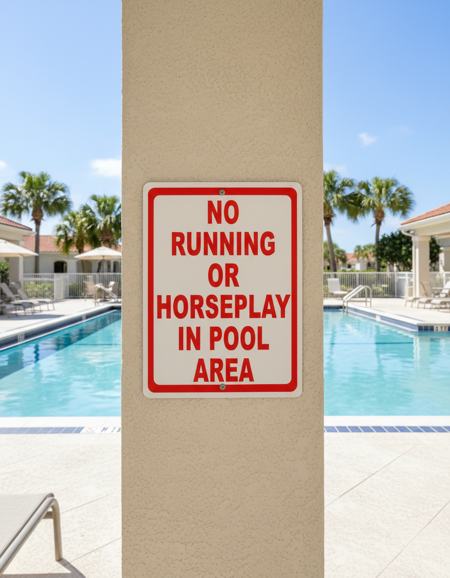 No Running or Horseplay in Pool Area Sign by Sala Graphics