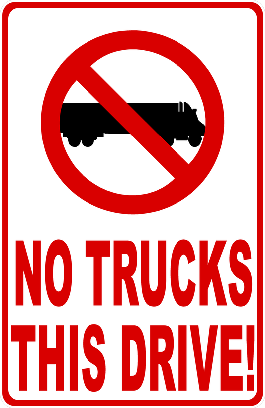 No trucks sign with red border and text on a white background