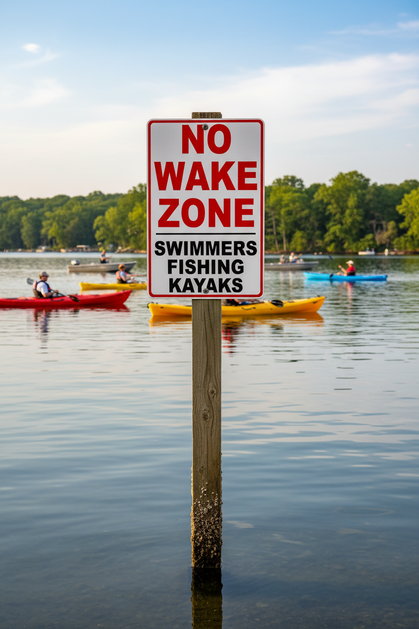 No Wake Zone Swimmers Fishing Kayaks Sign by Sala Graphics