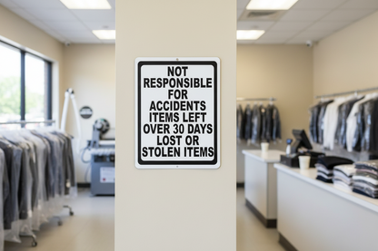 Not Responsible for Accidents, Items Left Over 30 Days, Lost or Stolen Items Sign by Sala Graphics