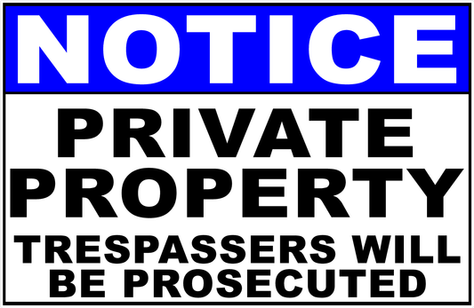 Notice Private Property Trespassers Will Be Prosecuted Sign