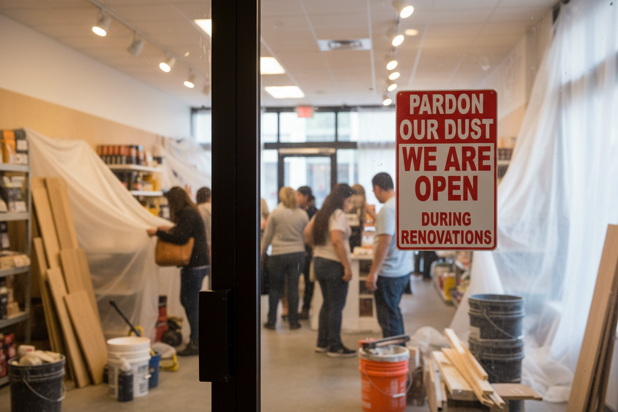 Pardon Our Dust We are Open During Renovations Sign by Sala Graphics