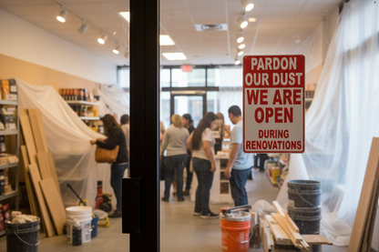 Pardon Our Dust We are Open During Renovations Sign by Sala Graphics