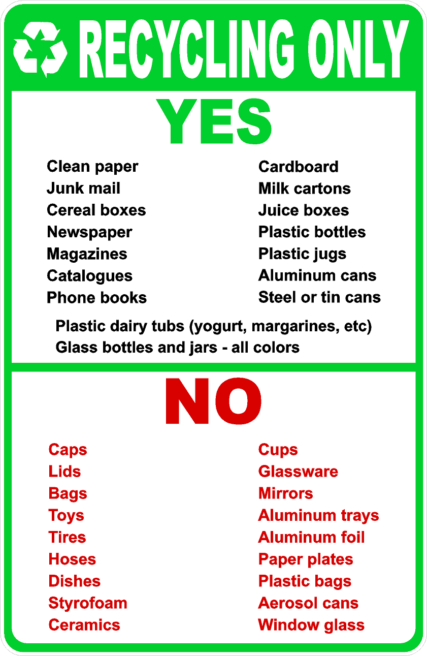 Recycling Only Yes No Items List Decal – signs by salagraphics