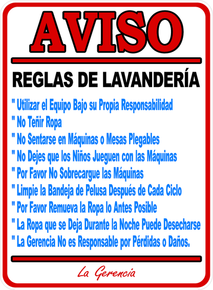Notice Laundromat Rules Sign English or Spanish