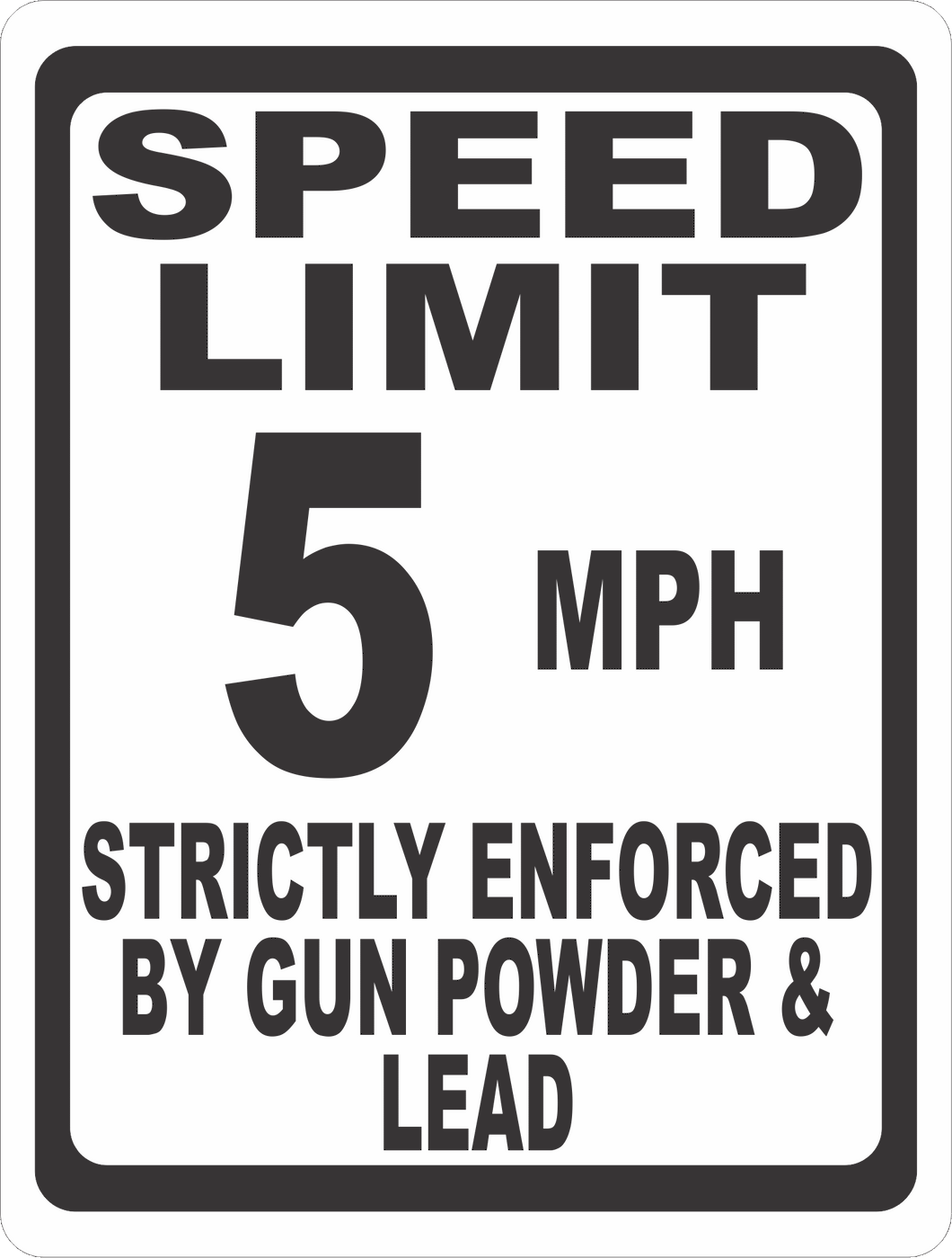 Speed Limit (Your Choice) MPH Strictly Enforced By Gun Powder and Lead Sign