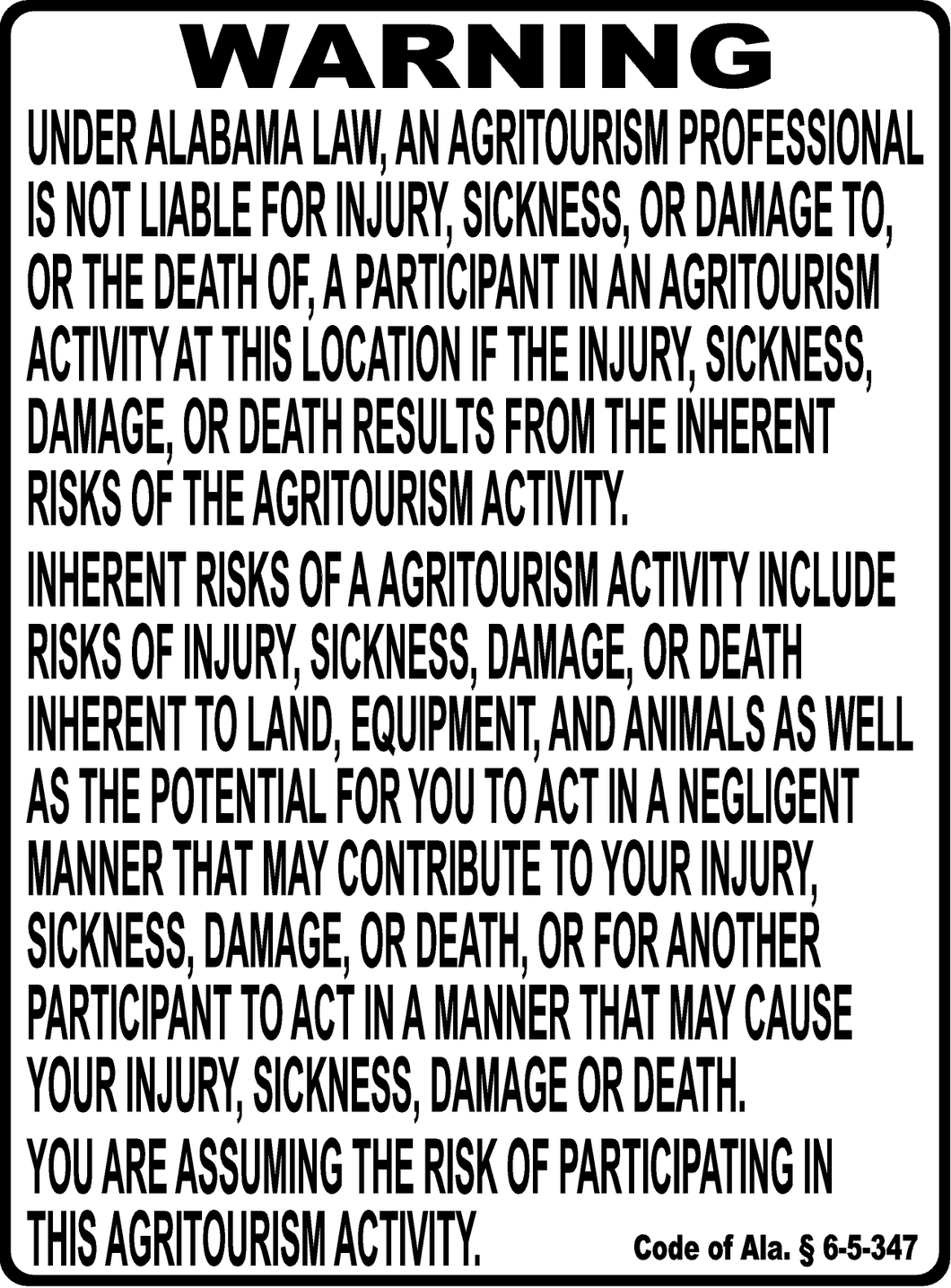 Agritourism Liability Law Sign for Alabama