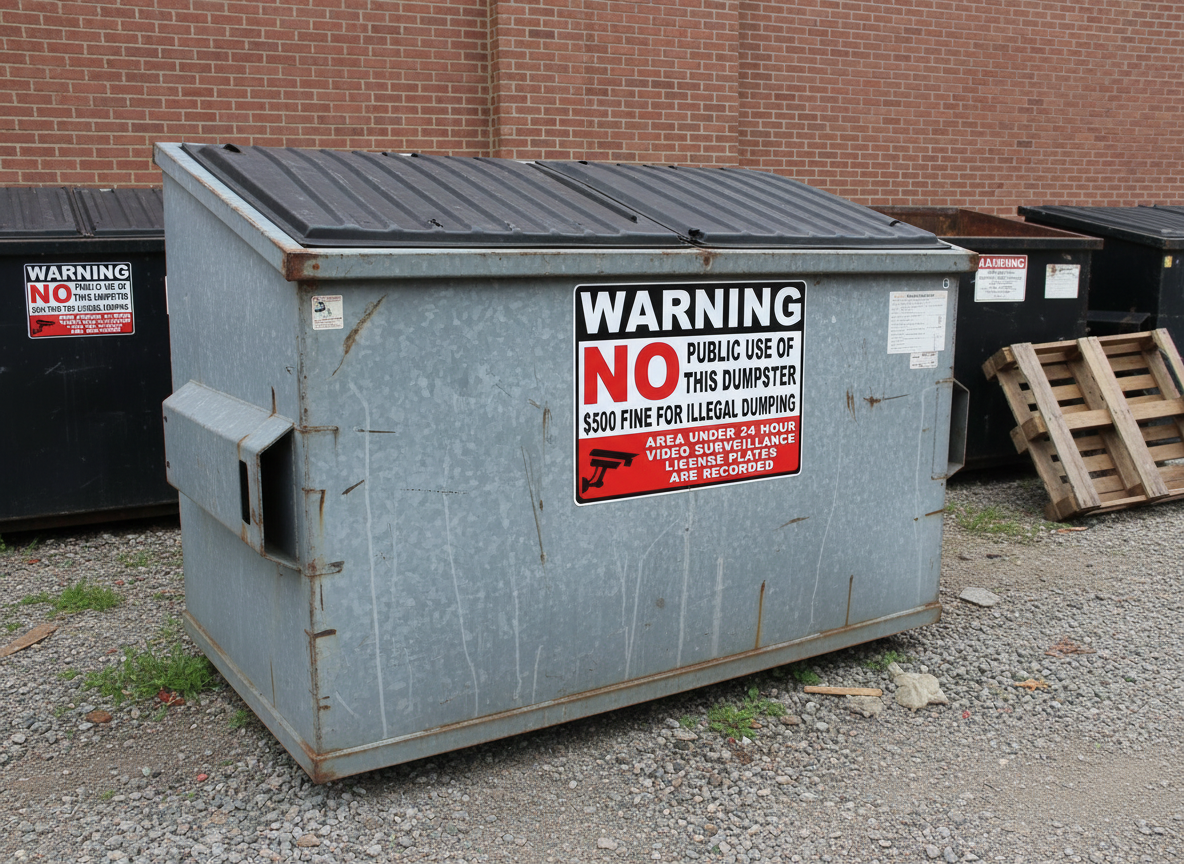 Gray dumpster with warning sign against a brick wall background