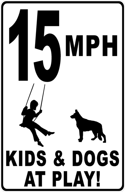 MPH Kids & Dogs at Play with Posted Speed Limit Sign
