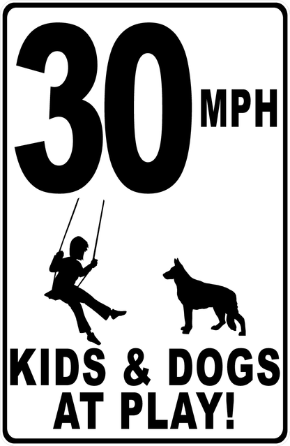 MPH Kids & Dogs at Play with Posted Speed Limit Sign