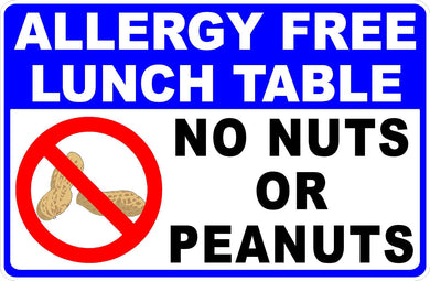 Peanut Free Lunch Table Sign