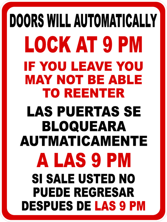 Doors will Automatically Lock at 9 PM (Customizable) Bilingual Sign