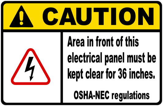Caution Area In Front Of This Electrical Panel Must Be Kept Clear For 36 Inches. OSHA-NEC Regulations Sign Details