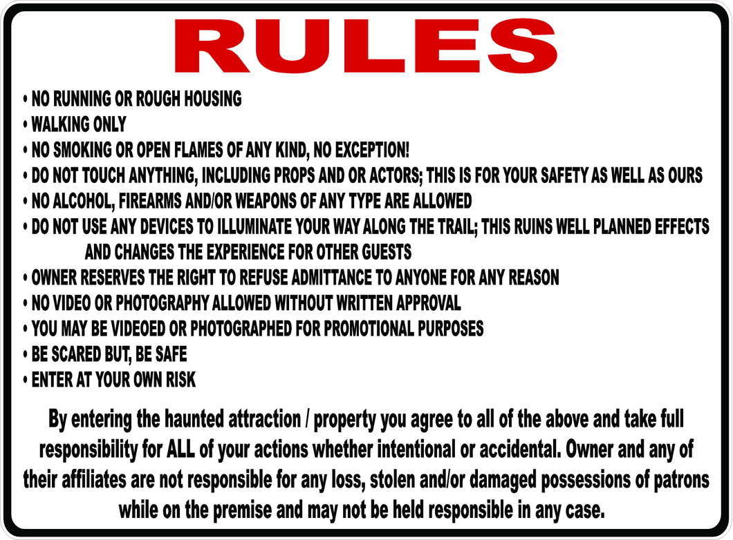 Haunted House Liability Signs Warning or Rules