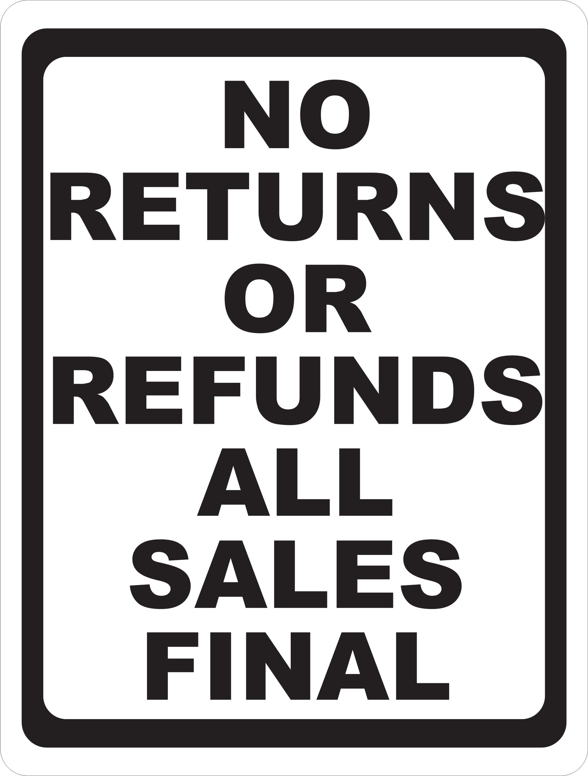 No Returns or Refunds Sign All Sales Final