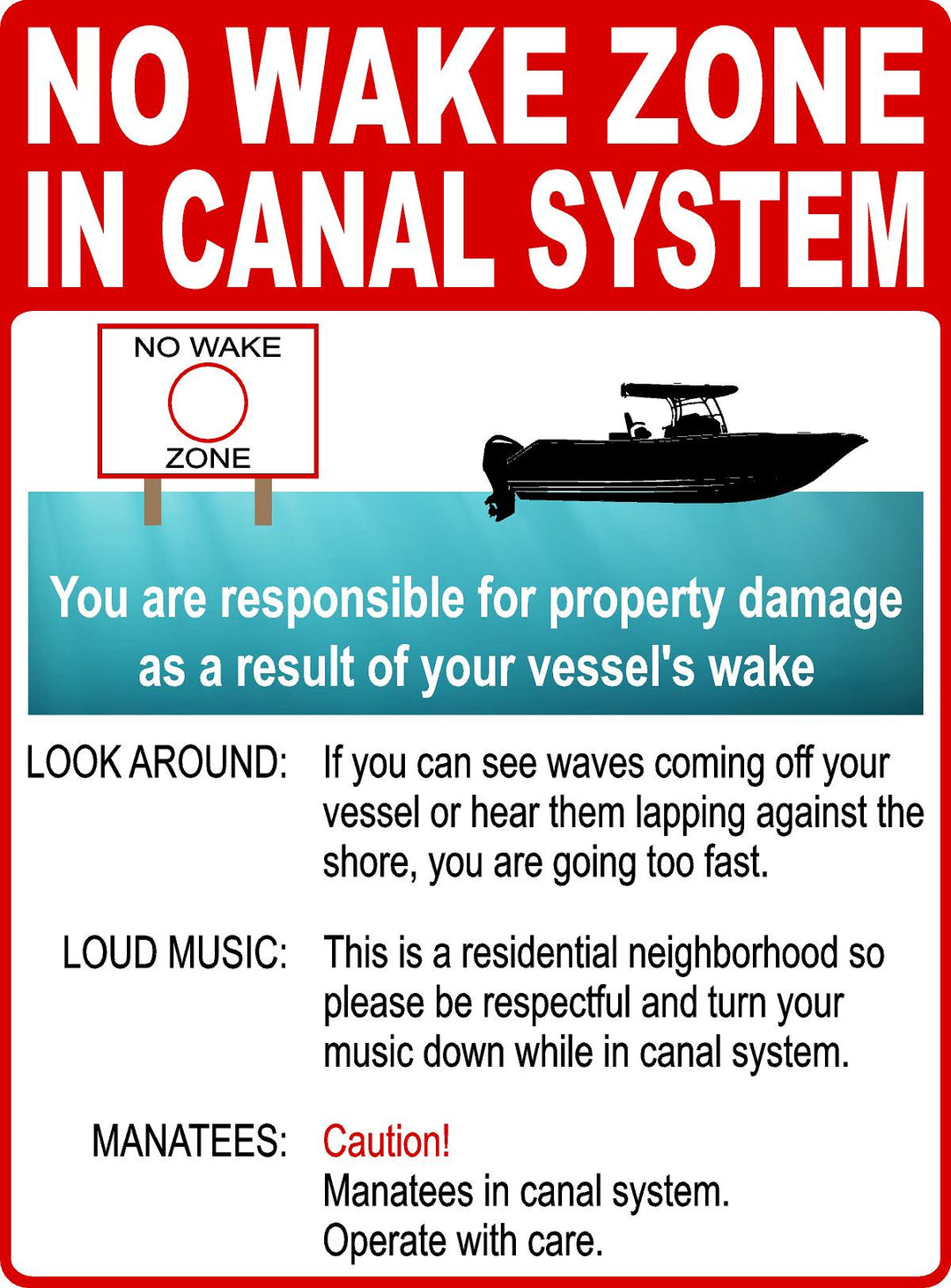 No Wake Zone in Canal System Sign – signs by salagraphics