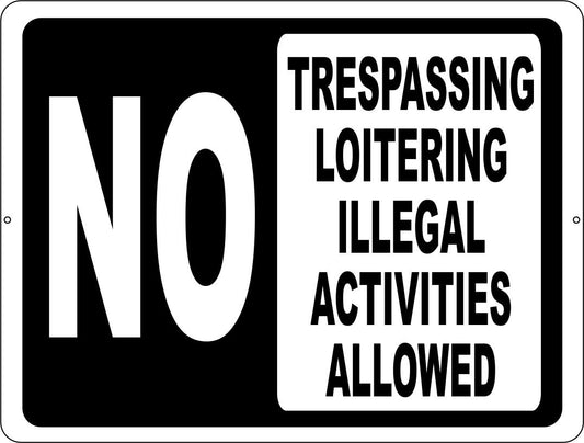 No Trespassing Loitering or Illegal Activities Allowed Sign