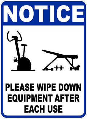 Notice Please Wipe Down Exercise Equipment After Use Sign English or Spanish