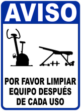 Notice Please Wipe Down Exercise Equipment After Use Sign English or Spanish