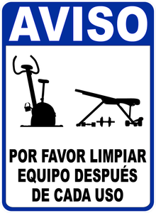 Notice Please Wipe Down Exercise Equipment After Use Sign English or Spanish
