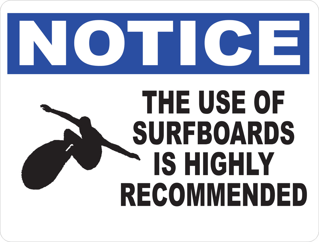 Notice Use of Surfboards Highly Recommended Sign