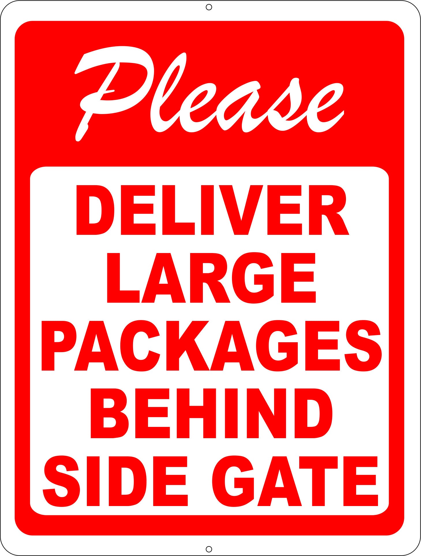 Please Deliver Large Packages Behind Side Gate Sign