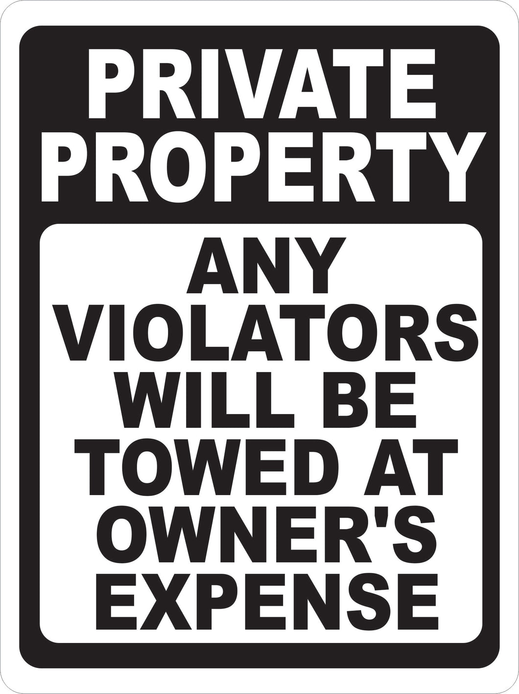 Private Property Any Violators Will Be Towed At Owner's Expense Sign