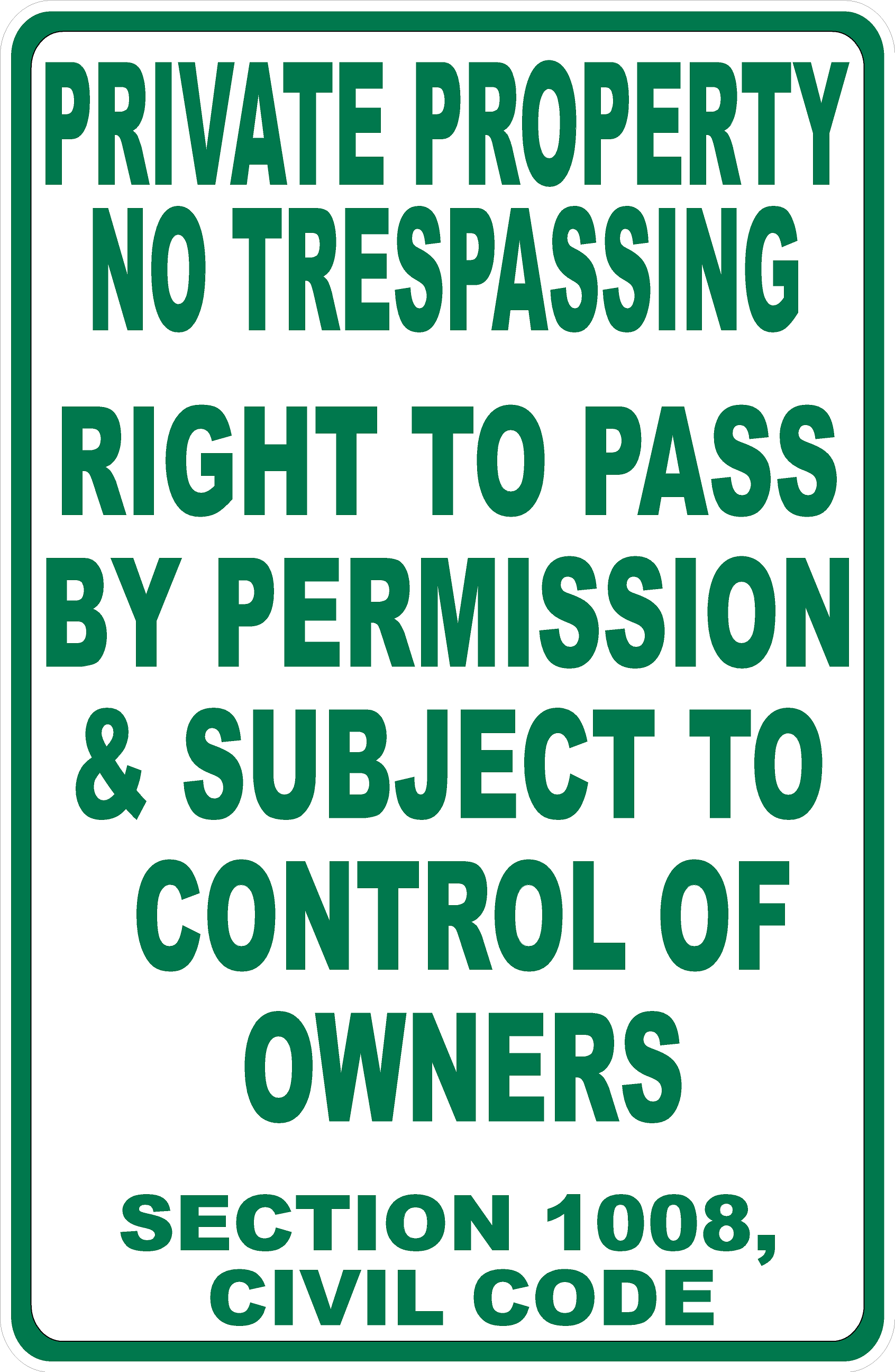 Private Property  No Trespassing Right to Pass by Permission Subject Control of Owners Sign Vertical Version